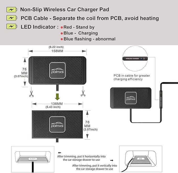 Wireless Charger Car Charging pad,POLMXS 15W Fast Wireless Phone Charger Non Slip Cell Phone Flat Charging mat Compatible with iPhone 11/12/12/14/15 Galaxy S21/S22/S23/24 NOTE10 (30cm Cable)(C2Y)