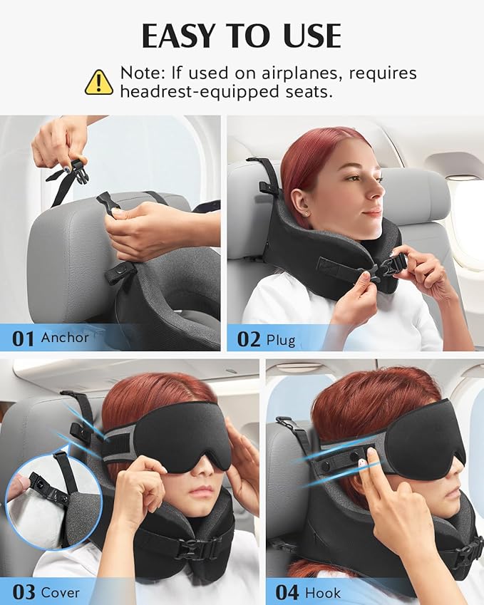 YFONG Travel Pillow for Long Flight Airplanes, Head Strap Combo with 3D Contoured Eye Mask for Sleep, Neck Pillow for Car Trip Essential, 360° Support Memory Foam Headrest, Prevent Head Bobbing, Black