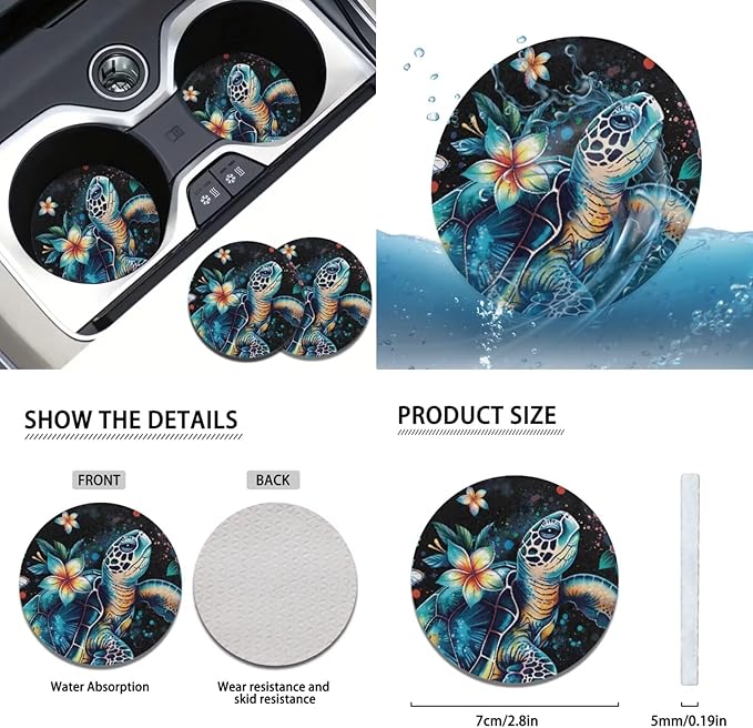 FKELYI Women Auto Fashion Seat Cushions and Headrest Pads, Sea Turtle Car Handbrake Cover with Gear Shifter Cover, Steering Wheel Protector, Cup Coasters