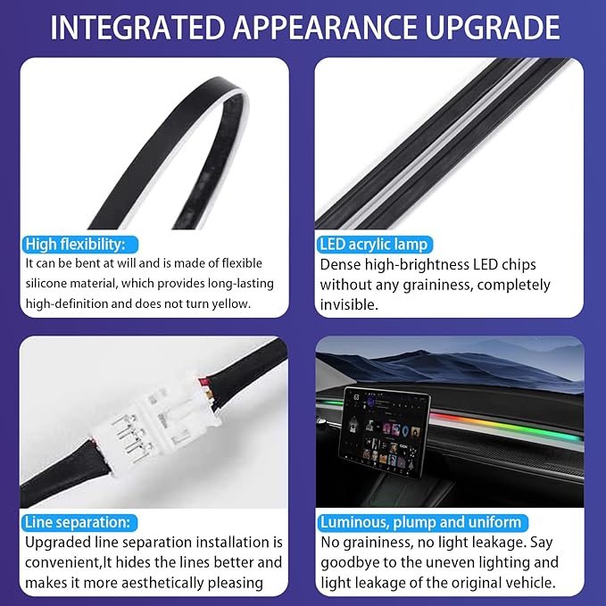 LED Car Ambient Lighting Strip for Tesla High Brightness with APP Control Multiple Colors and Car LED Strip Lighting Neon Lights for Model 3/Y (Dashboard& 4 Floor Lights)