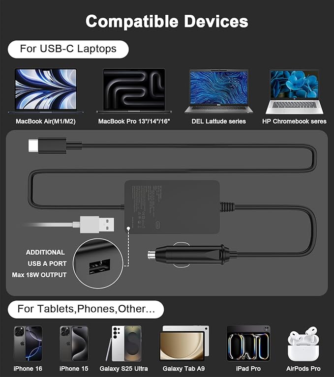 Laptop Car Charger 100W, USB C Port – Replacement for MacBook Pro/Air, Dell, HP, Lenovo,ASUS, Acer - with Extra USB-A Port for Tablets, Phones, Earbuds and More Other USBC Devices Computer AC Adapter