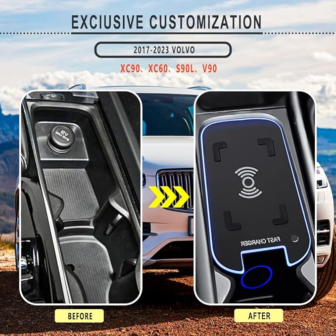 Car Wireless Charger Mount fit for Volvo XC90,XC60,S90L,V90 2017-2023, QC 3.0 Fast Charging Compatible with iPhone Xs,XR,X,8, fit for Samsung S9,S9,S8,S7,Note 8,Wireless Charging Devices