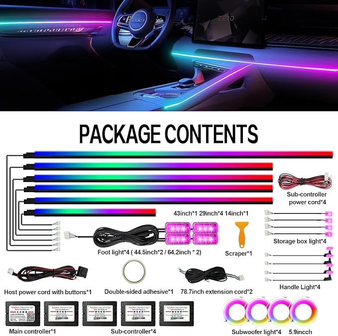 Dreamcolor Acrylic Ambient Lighting Car Lights – Wireless APP Control, Music Sync, Dynamic RGB Interior Car LED Strip Light Kit, 22-in-1 Customizable LED Neon Light Kits for Car Interior