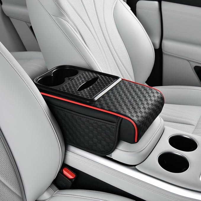 Car Center Console Armrest Pad, Arm Rest Box Cushion with Ergonomic Height Boost, Storage Pockets, Built-in Tissue Box, Cupholder, Fit for Most Sedan Vehicles (Embossing Checkerboard, Black-Red)