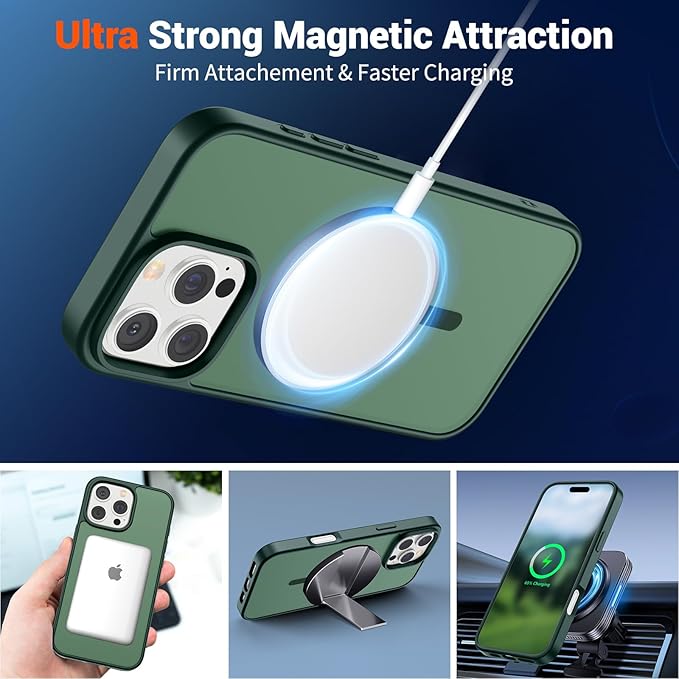 SUPFINE Magnetic for iPhone 16 Pro Case (Compatible with MagSafe) (Military Grade Drop Protection) Slim Translucent Matte Shockproof with Anti-Fingerprint Phone Case,Forest Green