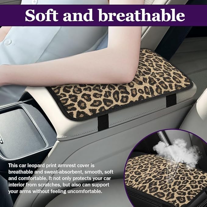 Leopard Cheetah Print African Animal Hunting Auto Center Console Armrest Pad, Car Center Console Cover, Auto Accessories Soft Comfort Armrest Cover Cushion Mat Fit for Most Cars (Gold)