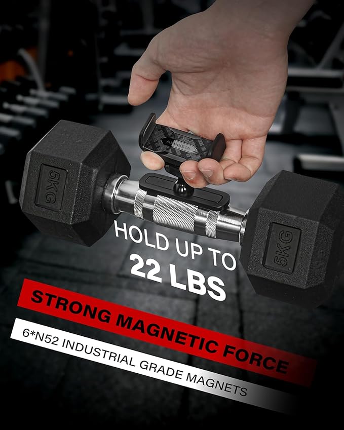 APPS2Car Magnetic Phone Holder for Gym, Alloy Base and Joint for Strong Hold, 360° Adjustable, Compatible with 4.7-6.5 Inch iPhone & Android Phones, Secure Workout Equipment Accessory for Men Women
