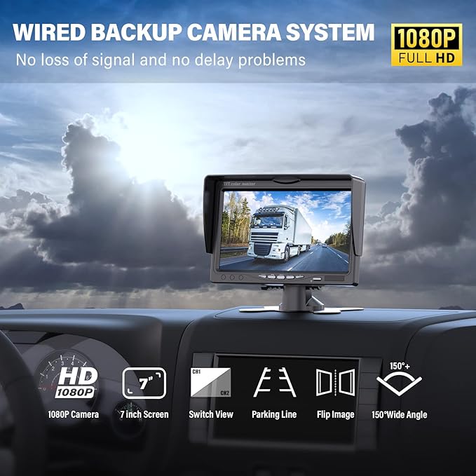 Upgrade Dual Backup Camera Monitor Kit 7" HD 1080P Monitor IP69 Waterproof Rearview Reversing Rear View Camera for Truck Trailer Semi-Trailer Box Truck RV Pickup Truck Easy Installation (TZ102)