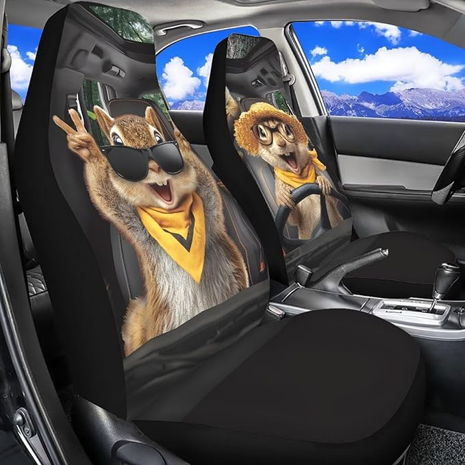 Funny Front Seat Covers for Cars Happy Squirrel All Weather Bucket Seat Covers Scratchproof Automotive Seat Cushion Covers for SUV,Vans,Sedans,Trucks