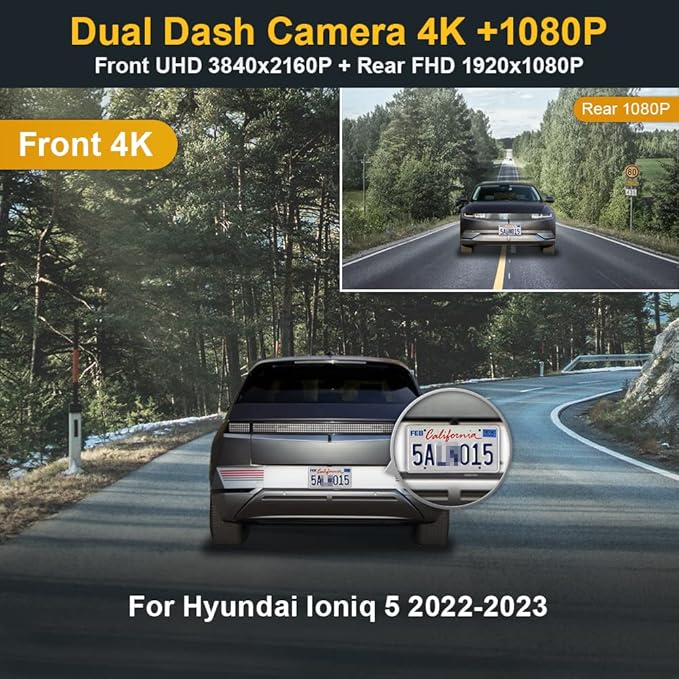 Fitcamx Dual 4K+Rear 1080P Dash Cam Adapts for Hyundai IONIQ 5 2022-2024 (6 Vents) SE Standard Range SEL Limited, OEM Look, WiFi & APP, 2 Way HD Video, Loop Recording G-Sensor, Easy to Set, 128GB Card