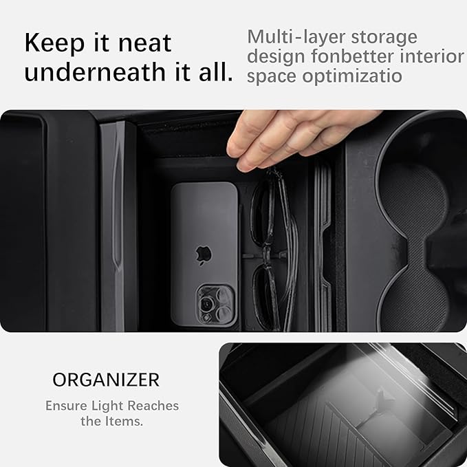Center Console Organizer Tray for Model Y Juniper 2025 2026 & Model 3 Highland (2024-2026), Double-Layer Sliding Hidden Armrest Storage Box, Tesla Accessories (Matte Black)