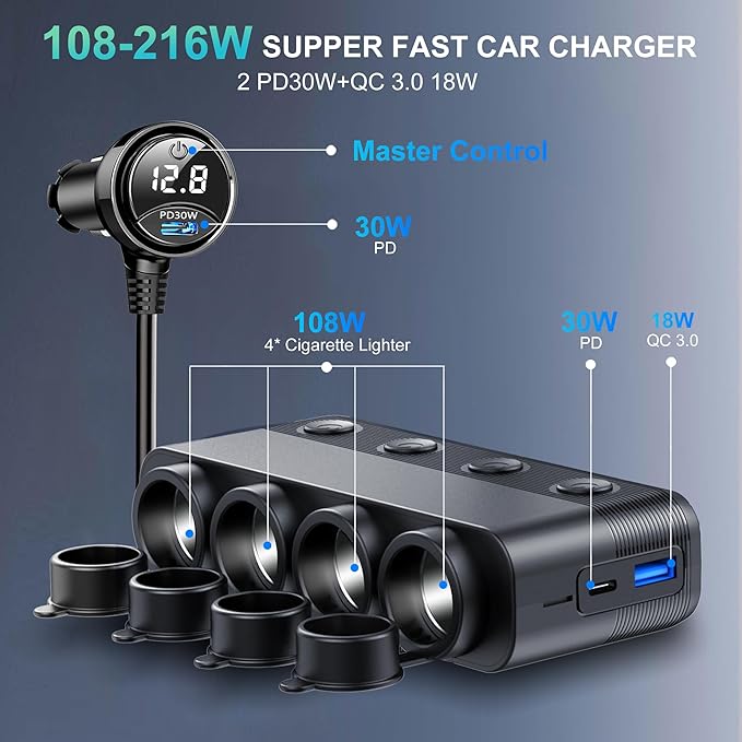 HURMAI Cigarette Lighter Splitter Adapter 216W 4 Socket Heavy Duty Truck Car USB Chager Multi Port with PD30W/QC3.0 Charge USB C 12V/24V Independent Switches & Dust Cover & Waterproof for Car Devices