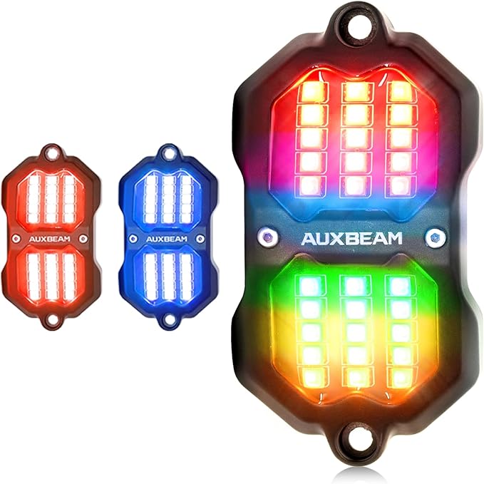 Auxbeam 2 Pods RGB Rock Lights (No Controller), Bluetooth & Remote Control, Dynamic Color Changing LED Wheel Well Lights w/Brake&Music&Voice Mode, Underglow for Truck ATV UTV, 1 Year Warranty