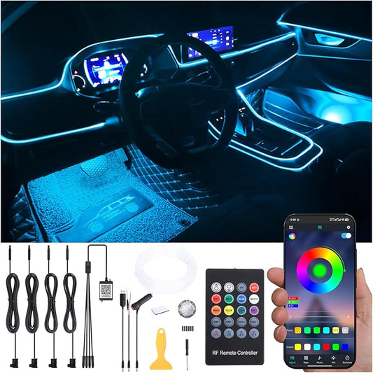 Car Atmosphere Light Kit 5m Fiber Optic RGB Multicolor Sound Active Music Sync Memory Function RF Remote Controller + Bluetooth APP Control 64 Colors USB Car Interior Ambient Lighting Kit 12V