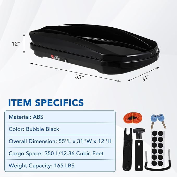 Garvee Heavy Duty Hard Shell Roof Top Cargo Carrier - 55(L) x31(W) x12(H) Waterproof Lockable Storage Box Capacity 165 Lbs 12.4 Cu Ft - Tool-Free Install- Fits SUV, Truck, Van