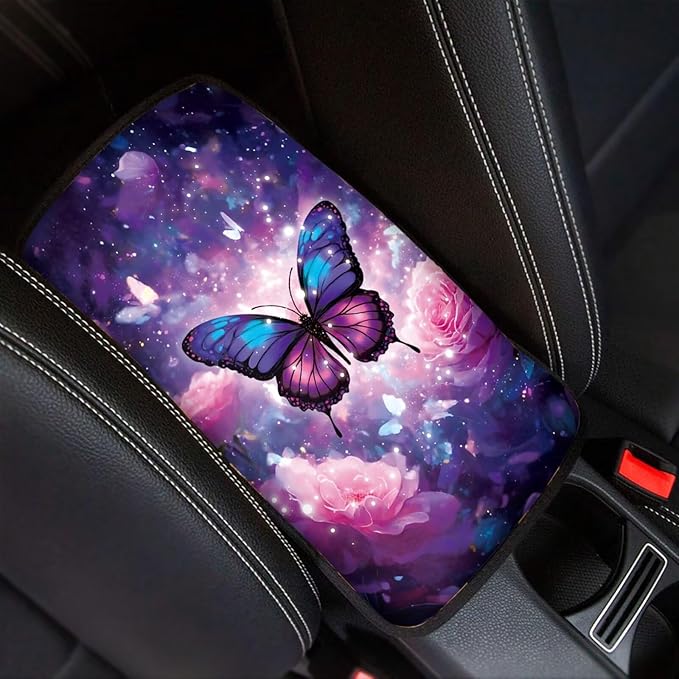 Suobstales Galaxy Butterfly Rose Flower Print Car Armrest Pad Soft Center Console Arm Rest Protector Cover Universal Car Interior Accessories Decoration