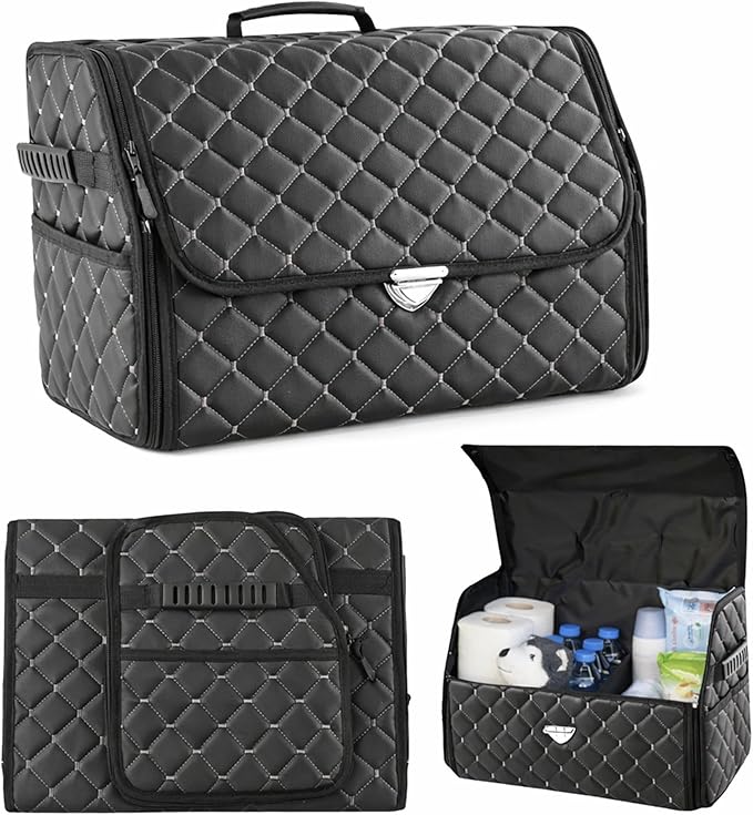 Leather Trunk Organizer with Lid for Suv and more, Foldable Car Organizer, Car Organizers and Storage with Pockets, Non-Slip Design (White-Black)