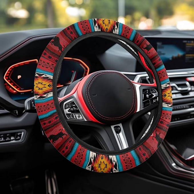 SEANATIVE Car Steering Wheel Cover for Men Breathable Anti Slip Auto Steering Wheel Covers fit Standard Size 15inches, Red Aztec Horse Print