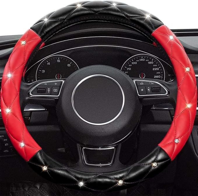 Xizopucy Black Red Steering Wheel Cover, Universal Car Steering Wheel Protector with Crystal Rhinestones Anti-Slip Soft Interior Accessories for Women and Girl Fit 14.5-15 inch
