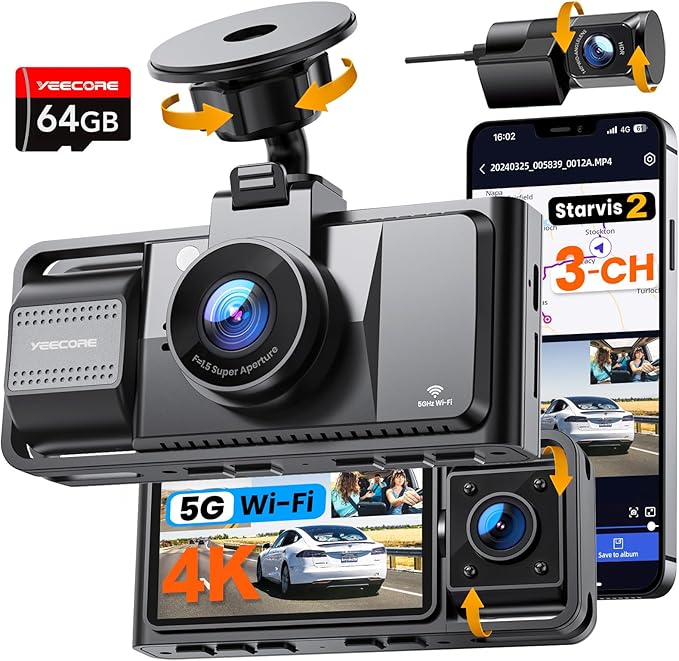 Real 4K 3 Channel Dash Cam Front and Rear Inside, STARVIS 2 HDR Sensor, 5.8GHz Wi-Fi GPS G-Sensor, 4K+1080P+1080P Dash Cam, 64GB Card Included, IR Night Vision, 3.3" IPS Screen, 24Hr Parking Monitor