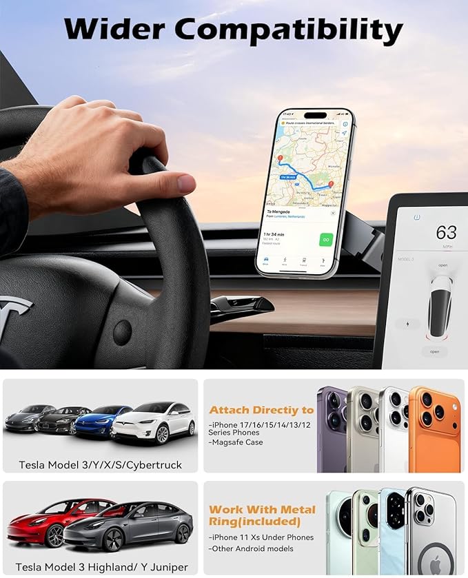 CloudValley Tesla Model 3/Y Phone Mount, Magnetic Car Metal Holder with Strong Magnet Power,【Foldable & Extendable Hidden Design】Tesla Screen Stand for 3/Y/S/X/Cybertruck, Designed for MagSafe iPhone