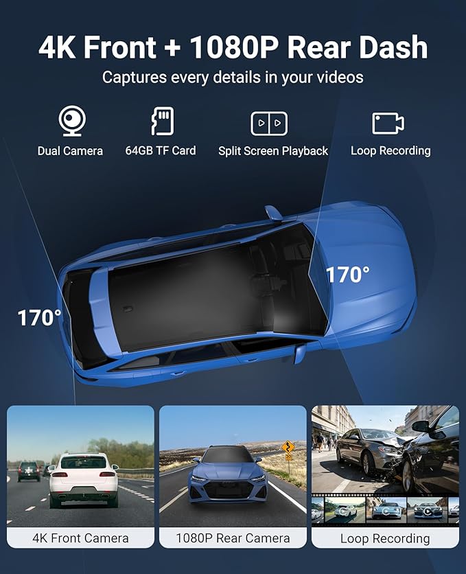 Wireless CarPlay and Android Auto 11.26-inch Touchscreen, 4K Dash Camera and 1080p Backup Camera, Universal Portable car Display, Equipped with 64G Memory Card