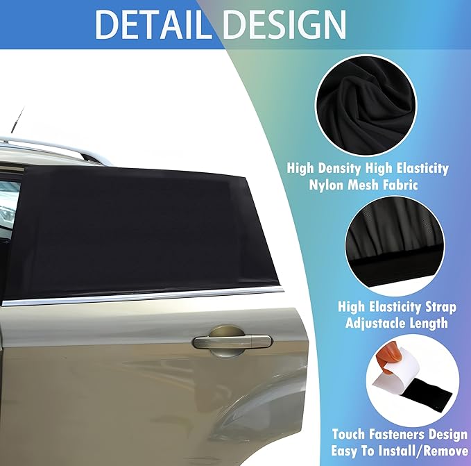 Car Window Sun Shade Cover -2 Pack Breathable Mesh Rear Side Window Shade Sunshade UV Protection for Baby Kids Pet Size M, Mosquito Net Curtain Fit for Most(95%) of Cars, Cover Full Window
