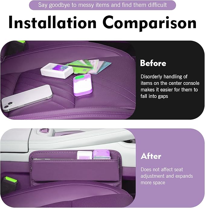 Leather Car Seat Gap Filler, Waterproof Anti-Slip Side Storage Pouch for Phones Keys Glasses Cards, Universal for Most Cars, SUVs, Trucks (Purple)