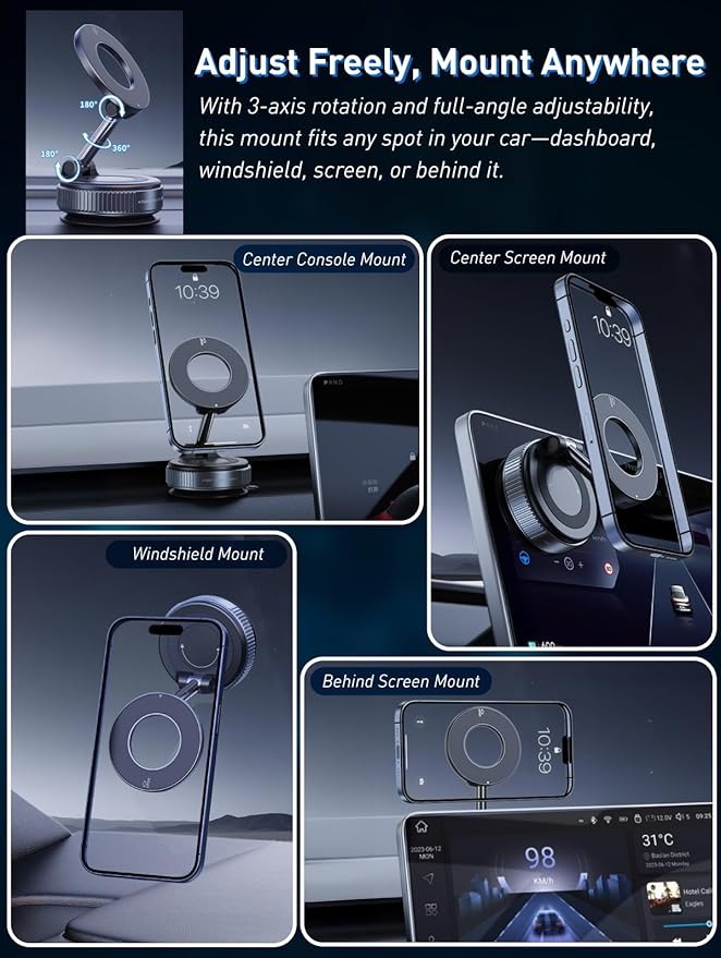 Magnetic Suction Cup Phone Mount for Magsafe, 360° Adjustable Magnetic Car Phone Holder, Pocket Size Foldable Car Mount, Cell Phone Holders for Your Car for iPhone 17 16 15 14 13 12 Series