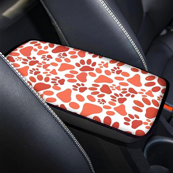 UNICEU Orange Dog Paw Car Center Console Cover Universal Fit Comfort Car Center Console Protector Universal Fit Arm Rest Cover Seat Storage Lid Covers for Women Men