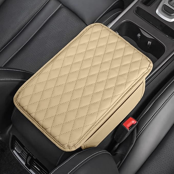 Car Center Console Cover, Universal Center Console Protector Pad with Soft Microfiber Leather & 2 Storage Pockets, Non-Slip Cushion for Car SUV Truck Interior Accessories (Beige)