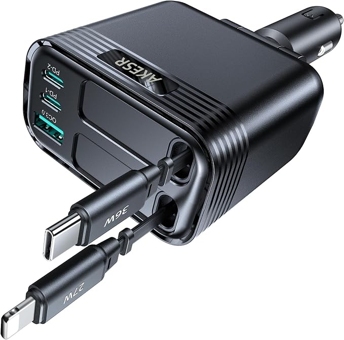AKESR 5-in-1 Retractable Car Charger for iPhone 17, 66W USB-C Car Adapter A Versatile Gift for Both Men and Women, for iPhone 17/16/15/14/13/12 and Android for Samsung S25 Series.