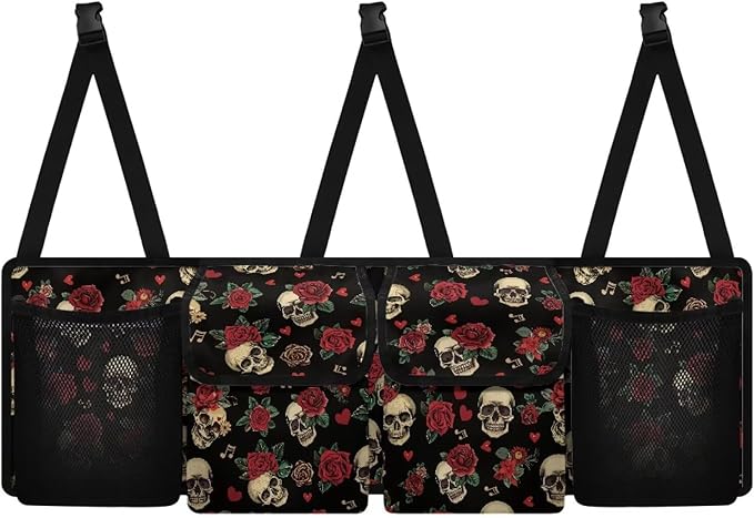 Red Rose Skull Car Trunk Organizer, Backseat Hanging Storage with 4 Large Pockets, Collapsible Cargo Bag with Adjustable Straps Sturdy Space Saving Expert for SUV, Truck, Van