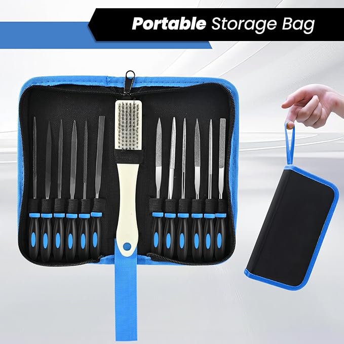 SOWKIPE 13Pcs Premium Small File Set, 6 Diamond Files, 6 Steel Files, Cleaning Brush & Carrying Case for Wood, Plastic, Jewelry, Leather, DIY