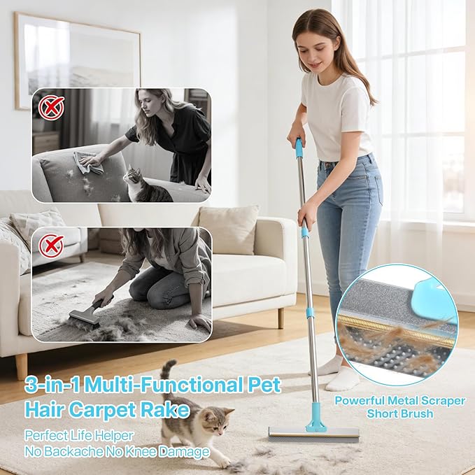 3 PCS Carpet Rake for Pet Hair Removal, Reusable Pet Hair Carpet Rake with 54” Adjustable Long Handle, Pet Hair Remover Scraper Rake Carpet,Dog Hair Broom for Rugs,Mats,Couch and Furniture.