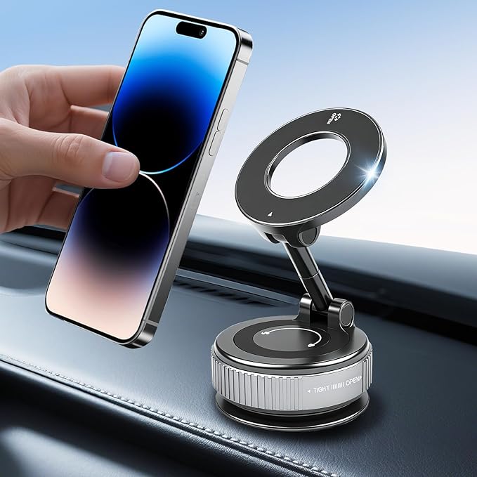 Vacuum Magnetic Phone Holder with Sticky Gel Base, 360° Foldable Suction Cup Phone Mount for Textured Dashboard Windshield, Strong Magnetic Car Mount for iPhone MagSafe & Android Phones(Black)