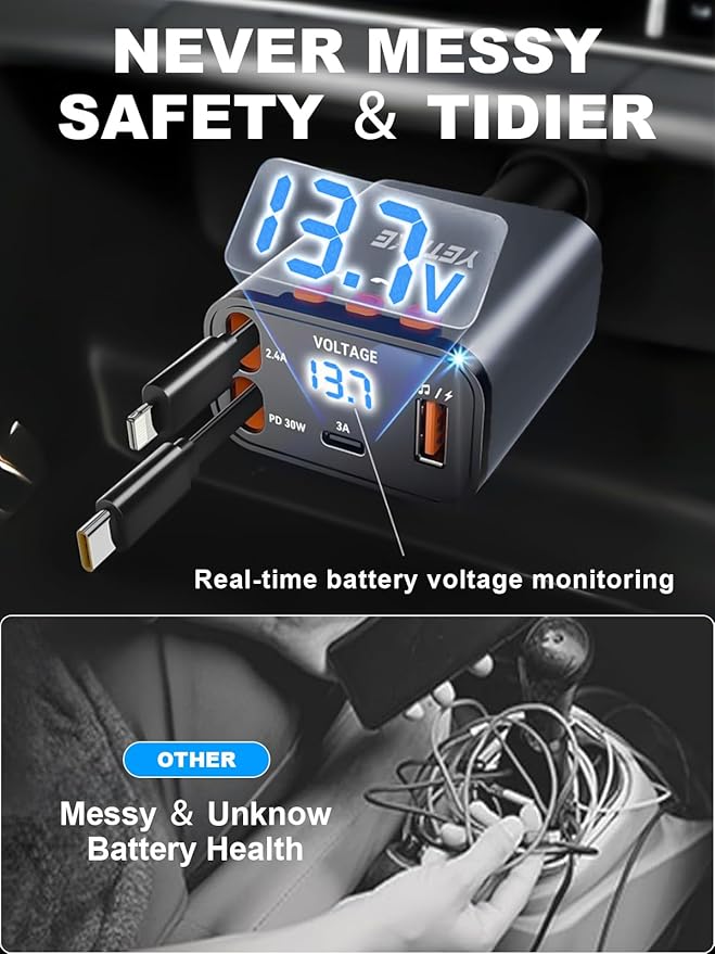 Bluetooth Car Adapter with Retractable Charger,[Upgrade] Bluetooth 5.4 FM Transmitter for Cars, 4 in 1 Fast Car Charger 69W, Handsfree Call, 2*Retractable Cable for iPhone 17/16/15/14, Galaxy-Gray