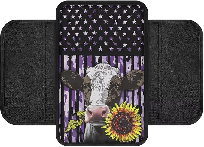 Cow Sunflower Flag Pattern Car Armrest Cover Soft Middle Console Cover Washable Automobile Center Console Pad Armrest Seat Box Cover Protector with Pockets Storage Bag