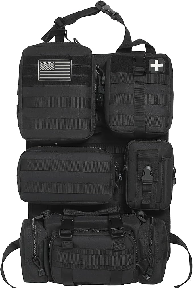 6 Pack Tactical Molle Car Seat Back Organizer - Tactical Vehicle Panel Organizer with 5 Detachable Molle Pouch,US Flag Patch and Keychain,Great Trunk Accessories for Man