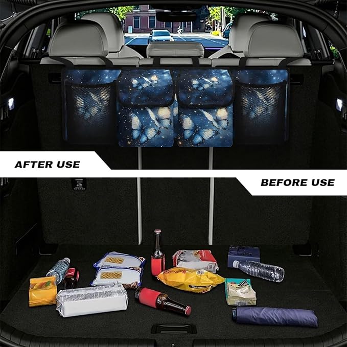 Blue Butterfly Print Car Trunk Organizer, Hanging Car Back Seat Storage Bag Multipurpose Auto Trunk Organizer Universal Automotive Trunk Storage Accessories