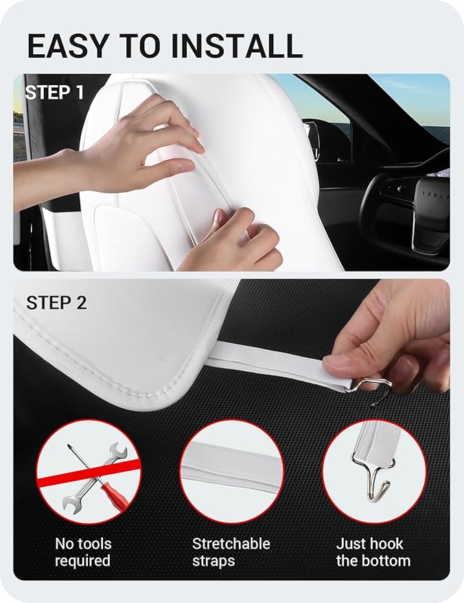 BASENOR 2026 Tesla Model Y(Juniper)/3/S/X Leather Seat Back Kick Protector, Backseat Mats for Kids (Extra Organizer Pocket) Waterproof Scratchproof Resistant Protection White (Set of 2)