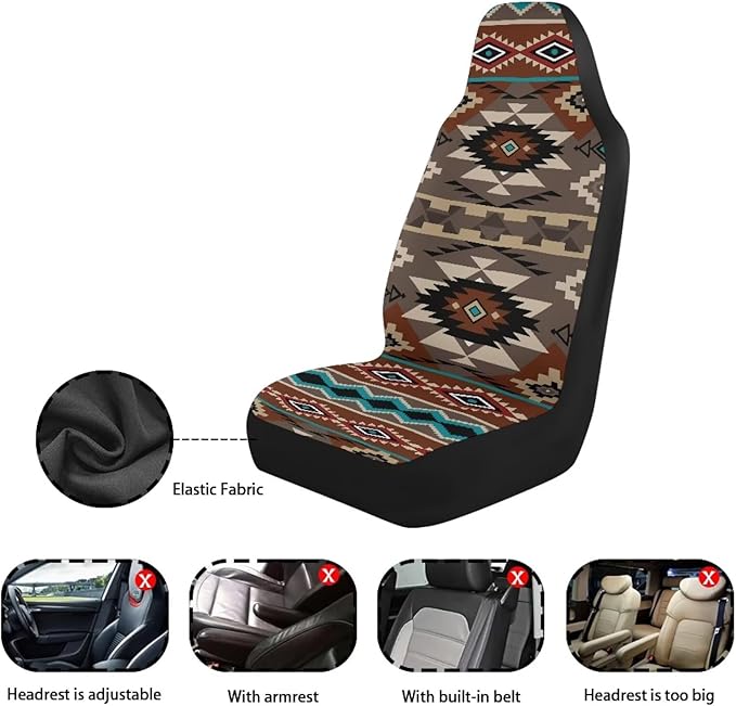 ELEQIN Front Car Seat Covers 2pcs, Brown Aztec Tribal Automotive Seat Covers Car Accessories Universal Size Fit for Most Cars,SUVs&Trucks&Vans