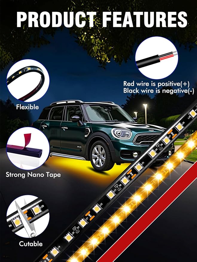 8 Pcs Car Led Light Strip IP67 Waterproof 11" Flexible Led Lights Underglow 12V for Car Motorcycle Boat Golf Cart Interior Exterior Decoration - Amber