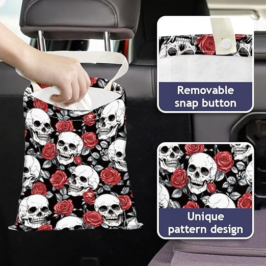 Skull Rose Print Car Trash Bag Hanging Garbage Bag with Snap Buttons Car-Back Seat Trash Storage Portable Dustbin for Car Interior Accessories Travel Camping