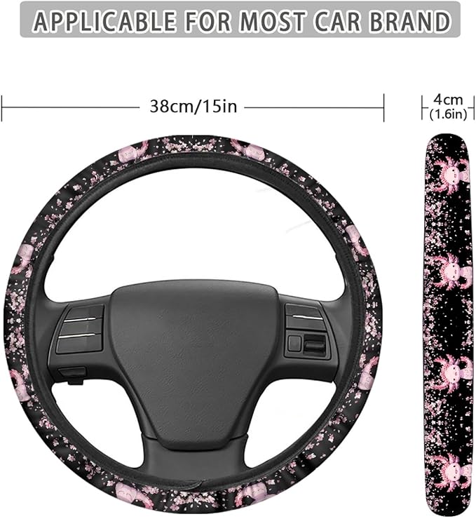 AFPANQZ Cartoon Axolotl Cherry Blossom Car Steering Wheel Cover Non-Slip Rubber Steering Wheel Covers Warm Breathable Steering Wheel Covers Sweat Absorption Car Steering Wheel Covers 15 Inches Pink