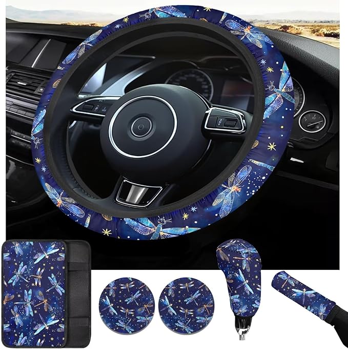 Blue Dragonfly Print 6pcs Car Steering Wheel Cover Set for Men Women Auto Interior Accessories Cup Holder Armrest Pad Seatbelt Cushion Fit for SUV Truck Vans