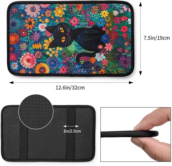 Cute Cat Floral Car Center Console Cover Cats Hippie Armrest Cover Cushion Boho Flower Car Armrest Pad Universal Car Interior Accessories Protector