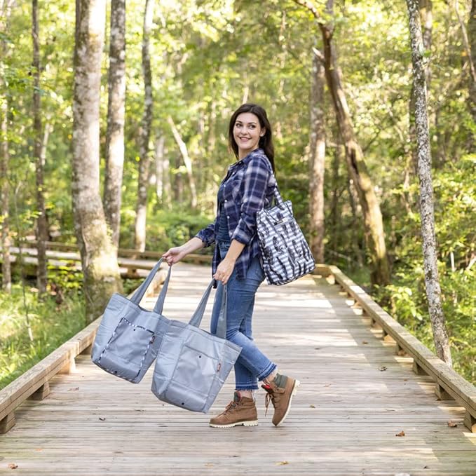 SACHI 3 Piece Market Tote Set – Insulated Thermal Reusable Grocery Bags for Cold and Hot Foods – Lightweight, Portable and Fold-able (Grey Feather Stripe)
