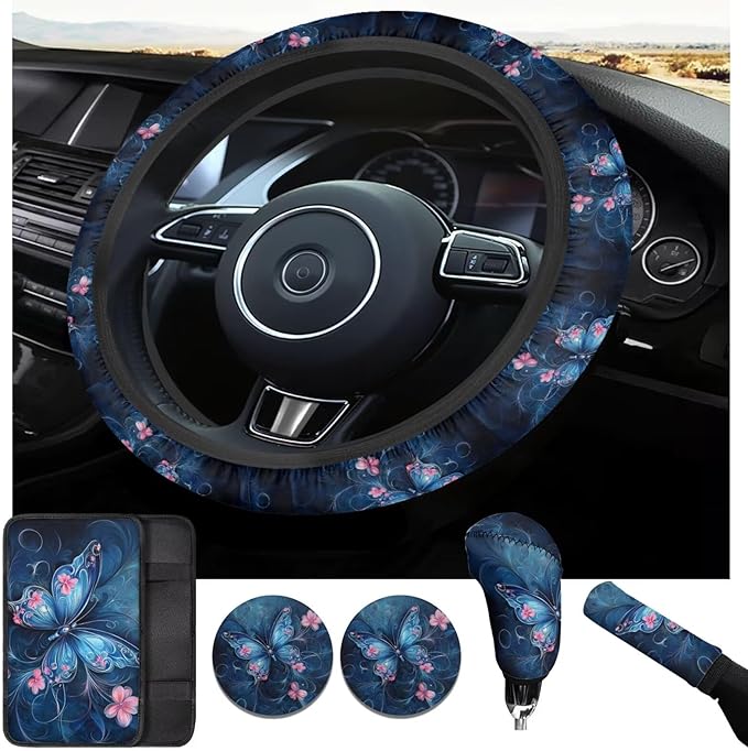 Blue Butterfly Print 6pcs Car Steering Wheel Cover Set Flower Cup Coaster Handbrake Gear Cover Armreat Cushion Car Interior Decor Protector Fit for SUV Truck Sedan