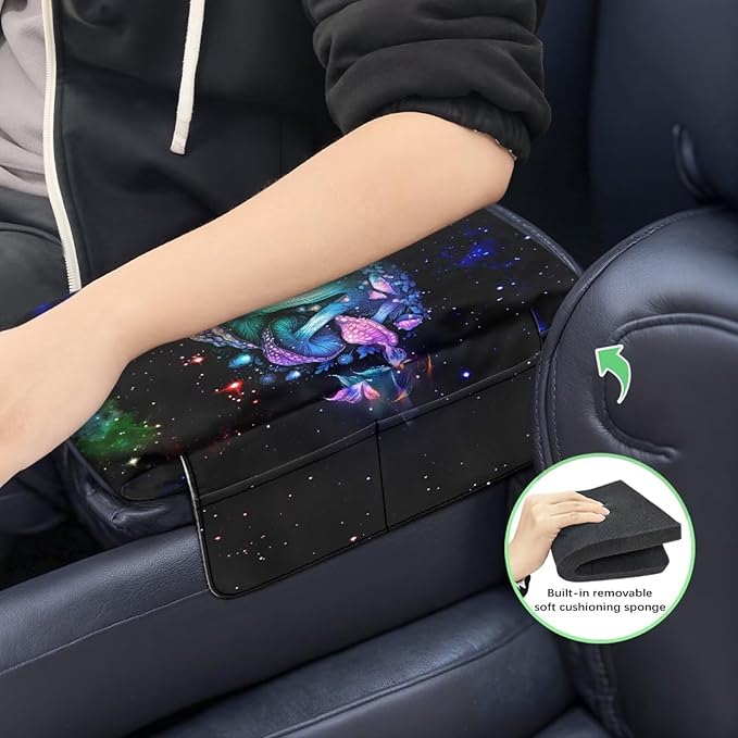 Wanyint Mushroom Galaxy Car Center Console Cover Comfortable Non-Slip Armrest Cushion with Side Storage Pocket Arm Rest Covering Protective Cover Car Interior Accessories